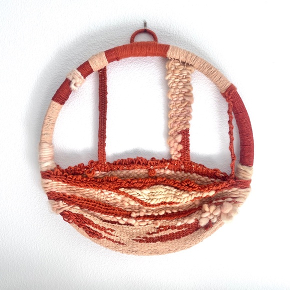 Vintage 70s Mid Century Modern Round Handmade Fiber Art In Earthy Tones
